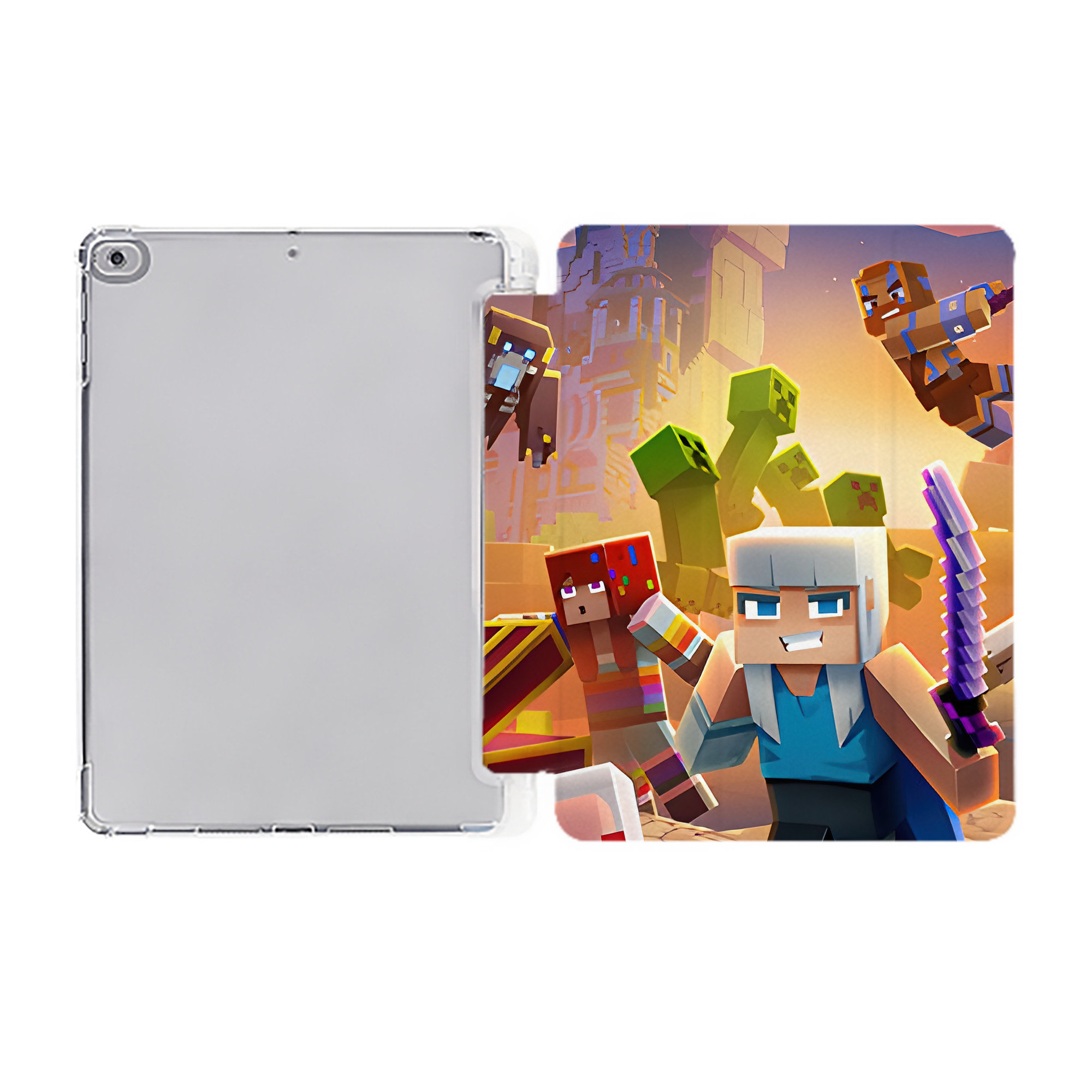 （画像用） マインクラフト ブロックの世界 Minecraft MC Block world IPad ケース ペン収納付き 三つ折りスタンド PUレザー×シリコン 対応機種9.5/10.5/10.9インチ